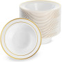 MATANA 25 Bols en Plastique Blanc avec Bordure Dorée (360ml) - Bols à Soupe, Assiettes Creuses pour Mariages, Anniversaires, Bap