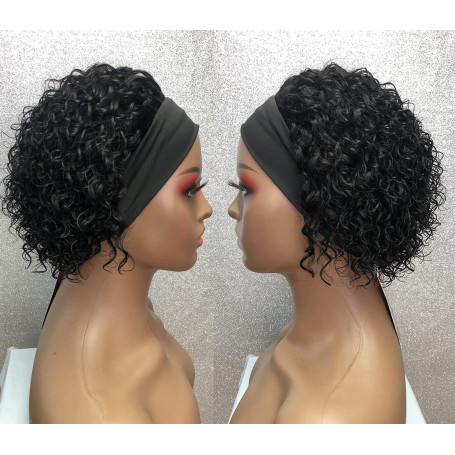 Perruque bandeau cheveux humains pour femmes, Perruque Cheveux Humains bouclée densité 150% Short Curly Headband Wig (noir)