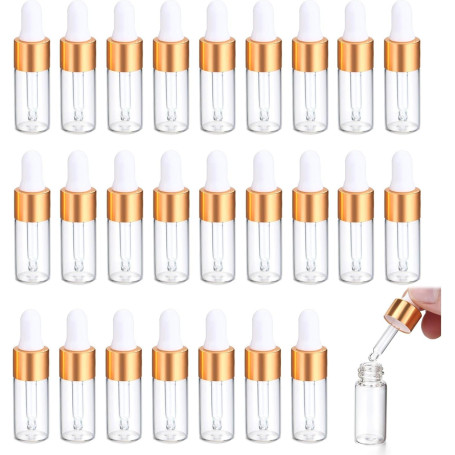 Mini Flacon Compte Gouttes 5ml - 25 Pièces Fiole en Verre Pipette pour Huile Essentielle, Expériences, Parfum D'ambiance