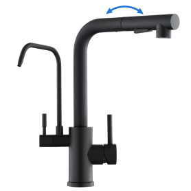 ROVOGO Mitigeur Robinet d'Évier de Cuisine Noir 3 Voies à Eau Filtrée en Acier Inoxydable 304, Douchette Extractible à 2 Modes, 