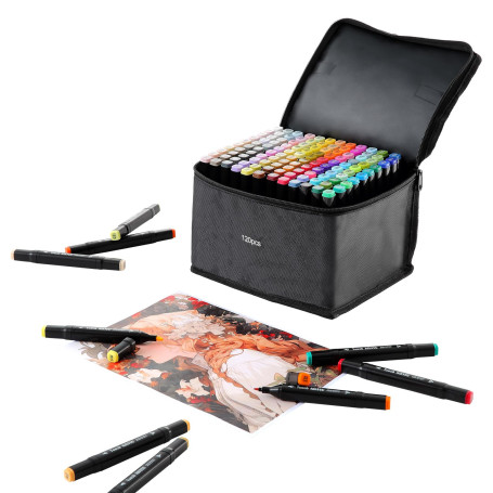 Ordeluxe 120 Couleurs Feutre A Alcool, Feutre Alcool Double Pointe, Séchage Rapide En Une Seconde, Avec Étui De Transport, Pour 