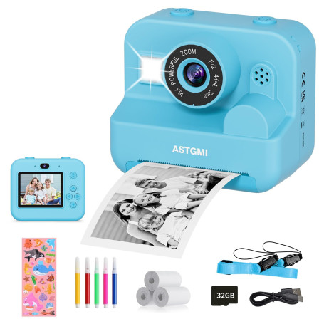 Appareil Photo Enfant, Appareil Photo Instantané 2.4" Écran avec Papier d'impression et Carte 32GB, Mode Video et Selfie, Jouet 