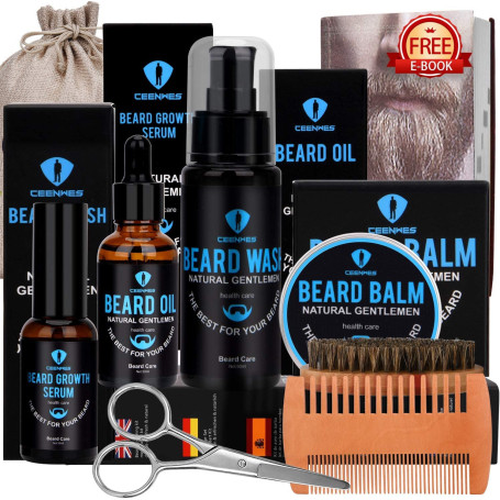 Kit Soin Barbe Homme Avec Huile à Barbe, Sérum de Croissance, Lavage, Baume, Brosse, Peigne, Ciseaux à Barbe
