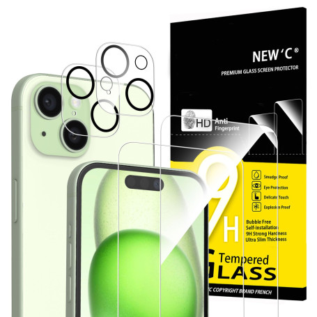 NEW'C Lot de 4, 2 x Verre Trempé pour iPhone 15 (6.1") et 2 x Protection Caméra Arrière - Anti Rayures - sans Bulles d'air -Ultr