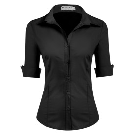 Hotouch Chemisier Femme Coton à Manches Courtes Chemise Classique Boutonnée Shirt Tops Décontracté Col en V Blouse Solide Élégan