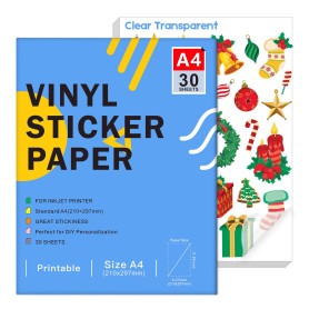 Papier autocollant en vinyle transparent imprimable pour imprimante à jet d'encre - Format A4 (297 x 210 mm), imperméable et aut