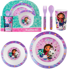 Get Trend Gabby's Dollhouse Set Vaisselle Enfant 5 Pièces, Assiette Bol Tasse Cuillère Fourchette Plastique Réutilisable, Sans B