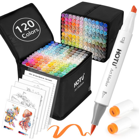 HOTU Feutre a alcool 120 Couleurs, Feutres Coloriage Adulte Pointe Double Feutres à Alcool Marqueurs Pinceau et Ciseau Burin Pou