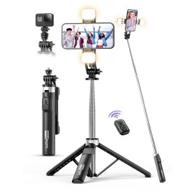 135CM Perche à Selfie Trépied avec 2 Lumière, Trépied pour Téléphone avec Télécommande Détachable, Portable Selfie Stick Trepied