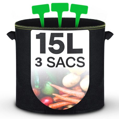 Sac de Plantation 15l - 3 Sacs a Plantes avec Fenêtre et Étiquettes - Pot Geotextile pour Plantes, Fleurs, Fruits