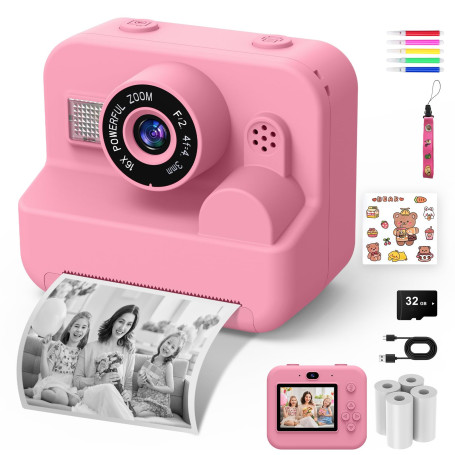 Appareil Photo Instantané pour Enfants - 1080P 2,4", Mode Video et Selfie avec Papier d'impression et Carte 32 Go, Jouet Cadeau 