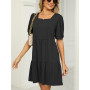 crazy bean Robe Ete Femme Mini Robe à Volants Taille Haute Manche Courte Bouffantes col en Carrée Été de Plage Bohème Chic Éléga