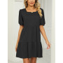 crazy bean Robe Ete Femme Mini Robe à Volants Taille Haute Manche Courte Bouffantes col en Carrée Été de Plage Bohème Chic Éléga