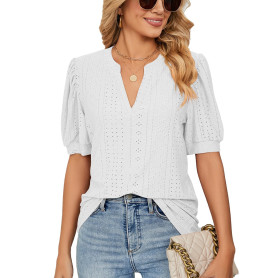 Neteson Chemise Femme Chic et Élégant Col en V Blouse Manches Courtes Bouffantes Tunique Été Casual Tops Amples