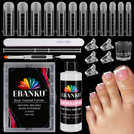EBANKU 120PCS Poppit Ongle Kit pour Orteils 75ml Slip Solution, Longue Carré Capsules Popits Ongle Pédicure d'extension Kit Matt