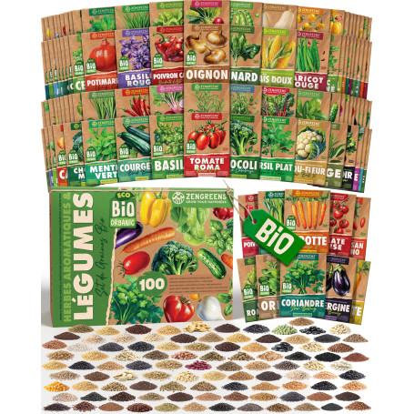 ZenGreens® - Kit de graines de herbes aromatiques & légumes bio - 100 variétés pour une culture facile dans le jardin, sur le ba
