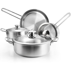 Wodillo Batterie de Cuisine en Acier Inoxydable à 3 Couches, 7 pièces, Poêle à Frire, Casserole et Marmite avec Couvercle en Ver