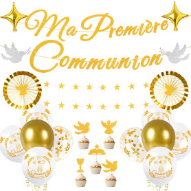 iZoeL Decoration Communion Ma Premiere Communion Garcon Fille Ballon Communion Guirlande Etoile 4 m Gateau Décoration Or - Decor
