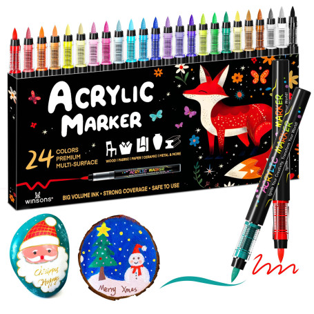 WINSONS Feutre Acrylique 24 Couleurs, Acrylic Marker, Non Toxiques, Séchage Rapide, Imperméables, Adaptés À De Multiples Surface