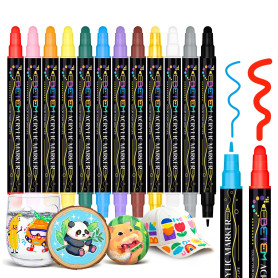 Betem 12 Couleurs Feutre Acrylique à Double Pointe, Stylo Marqueur Peinture Acrylique pour Bois, Toile, Pierre, Tissu, Peinture 