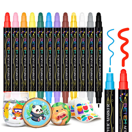 Betem 12 Couleurs Feutre Acrylique à Double Pointe, Stylo Marqueur Peinture Acrylique pour Bois, Toile, Pierre, Tissu, Peinture 