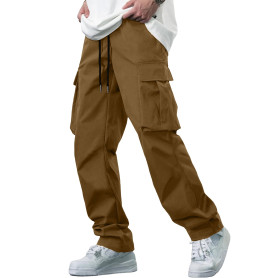 YAOBAOLE Pantalons Cargo Homme Coton Pantalon de Travail avec Multi Poches Taille Elastique Cordon de Serrage