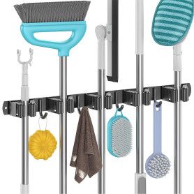 Juspota Accroche Balai Mural sans Percage, Porte Balais Mural avec 5 Supports et 4 Crochets, Support Balais Mural avec Vis, Atta