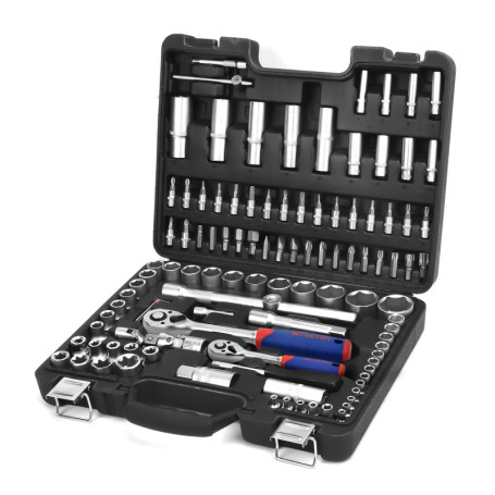 WORKPRO Coffret de Douilles et Embouts 108 Pièces avec Clés à Cliquet 1/2" et 1/4" (72 Dents), 2 Rallonges, Porte Embout et Univ