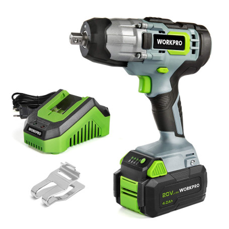 WORKPRO Clé à Choc sans Fil 20V, Boulonneuse à Choc Electrique (300Nm / Vitesse Variable), avec Batterie 4,0Ah et Chargeur, y Co