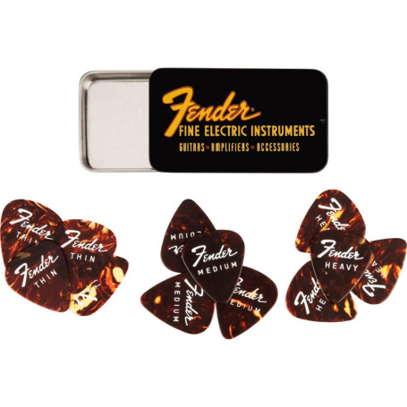 Fender »FINE ELECTRIC PICK TIN« Médiators dans boîte de collection - 12 Pièces - Celluloid - Forme 351-3 Épaisseurs - Couleur To