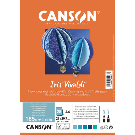 CANSON Iris Vivaldi - Paquet 25 feuilles de papier couleur A4 - 185g/m² - Assortiment de bleu