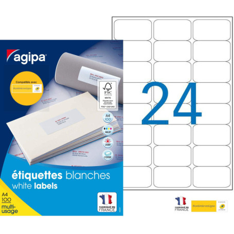 Apli Agipa – Boite Étiquettes Adhésives Blanches Multi–Usages Coins Arrondis – Certifié FSC – Anti-bourrage - 63,5 x 33,9 mm – 2