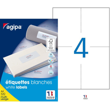 Apli Agipa – Boite Étiquettes Adhésives Blanches Multi–Usages – certifié FSC – Anti-Bourrage - 105 x 148, 5 mm – 400 Étiquettes 