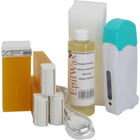EpilWax - Kit Chauffe Cire Épilation Professionnelle avec 4 x Recharges Roll on Cire Miel, 100 x Bandes d'Épilation et Huile apr