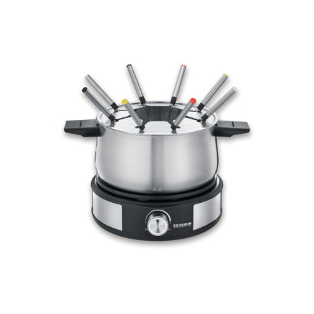 Severin Fondue Crêpière 2 en 1, Inclus 8 fourchettes à fondue, spatule à crêpe et répartiteur de pâte, Inox/Noir, FO 2471