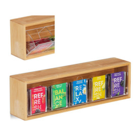 Relaxdays Boîte à thé bambou, coffret sachet thé, épice couvercle, 5 compartiments 50 sachets, 11,5 x 39 x 8 cm, nature