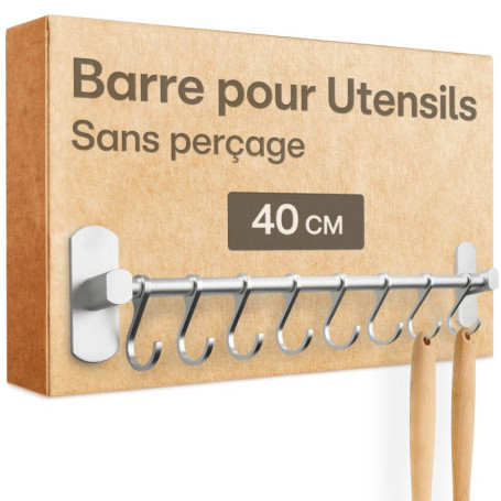 Praknu Barre de Suspension pour Ustensiles de Cuisine avec 8 Crochets - Adhésive & Sans Perçage - Fixation Murale 40 cm - Durabl