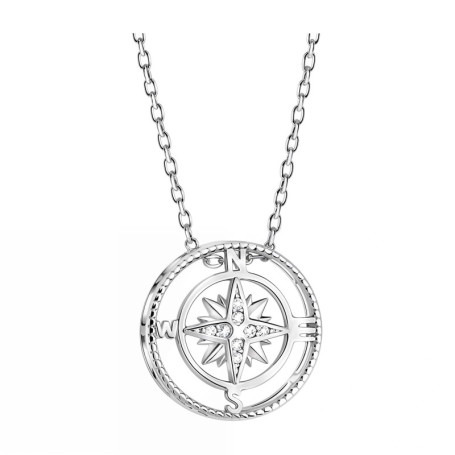 SOFIA MILANI - Collier pour Femme en Argent 925 - avec Pierre de Zircon - avec Pendentif en Forme de Boussole et Carte du Monde 