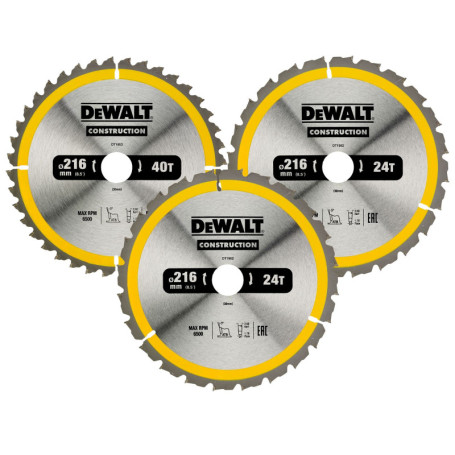 DEWALT - Set de 3 lames de scie circulaire - disque tranchant 40 dents - outillage résistant aux clous et durable - spécial cons