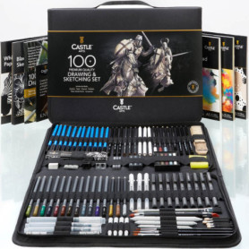 Castle Art Supplies Set 100 Pièces Dessin et Croquis | Crayons, Bâtons Graphites, Fusains, Pastels, Métallisés et Solubles à l’E
