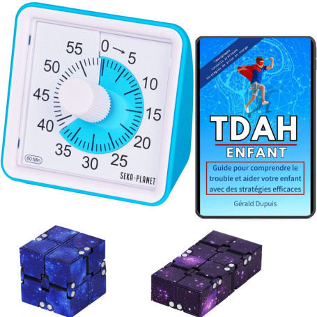 Seka-Planet minuteur visuel Enfant et 2 Cubes Anti-Stress, kit sensoriel avec eBook éducatif, pour Gestion du Temps et régulatio