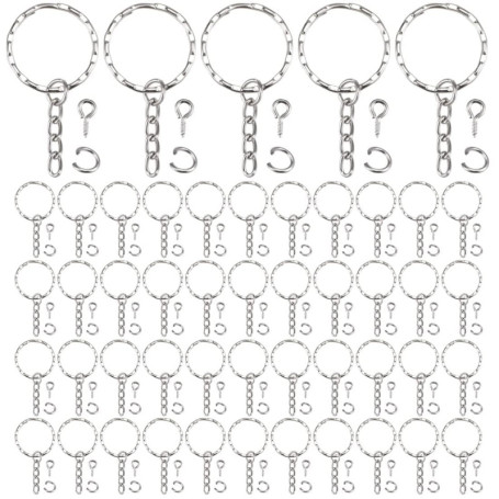 LEEQ 50 pièces Porte-clés Anneaux Split Porte-clés avec chaîne à maillons, 50 pièces Anneaux Ouverts et 50 pièces tiges à vis po