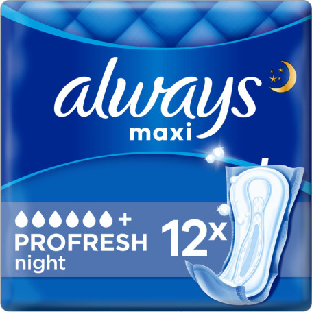 Always Maxi Serviettes Hygiéniques, ProFresh Night, 12 Serviettes Sans Ailettes, Flux Très Abondants Nuit, Cœur Ultra Absorbant 