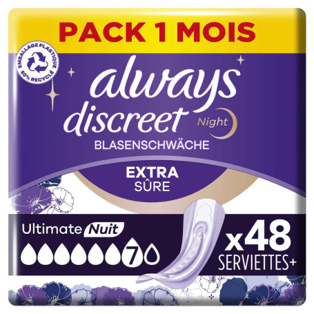 Always Discreet Extra Secure, Serviettes Pour Incontinence ou Fuites Urinaires, Fuites Importantes, Format Eco, 7 Gouttes, Ultim