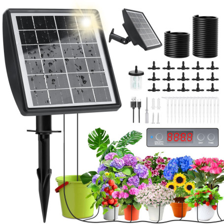 Arrosage Goutte à Goutte Solaire 2025, Kit Arrosage Automatique Solaire Interieur Exterieur à Programmateur et 15m Tuyau D'arros
