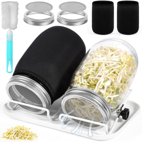 GUHAOOL Bocal de Germination,2 x 1000ml Germoir en Verre Bocal à Germes,2 Couvercle à Grille en Acier Inoxydable,2 Support,1 Pla