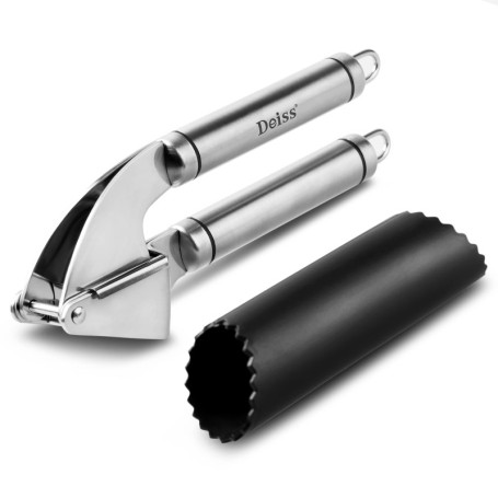 Deiss PRO Presse-Ail Inox Professionnel et Éplucheur d'Ail en Silicone - Épluche et écrase ail en quelques secondes - Extrêmemen