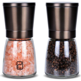 Ensemble de Moulin à Poivres et Sel en Acier Inoxydable Noir Avec Support en Bois Bambou – Salière et Poivrières avec Grosseur R
