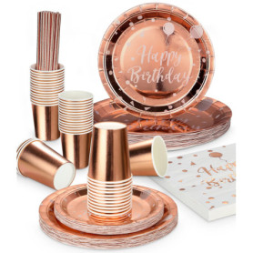Vaisselle Jetable Anniversaire Pastel,130 Pièces Vaisselle Fête Rose Gold Vaisselle Jetable Decoration Anniversaire Set Comprend
