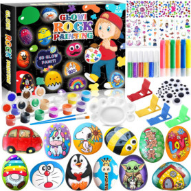 MULEVIP Kit de Peinture sur Roche pour Enfants,Kit Peinture Enfant,12 Galets A Peindre,avec 24 Peintures et Autocollants Peintur